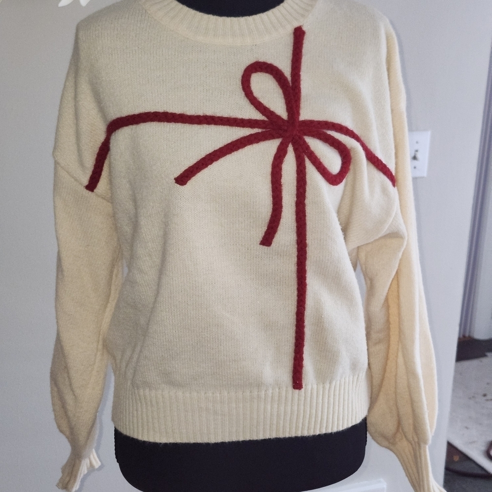 Gilli Cream Sweater with Red Bow Detail